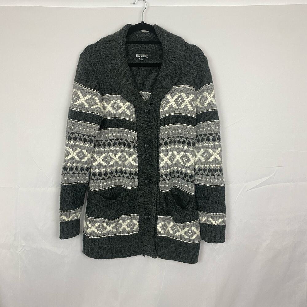 Nicole Miller Shawl Collar Cardigan Sweater, Wool Mix, Geometric Pattern, Size M